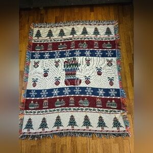 Reversible Christmas Holiday Throw Blanket Stocking Christmas Trees Ornaments